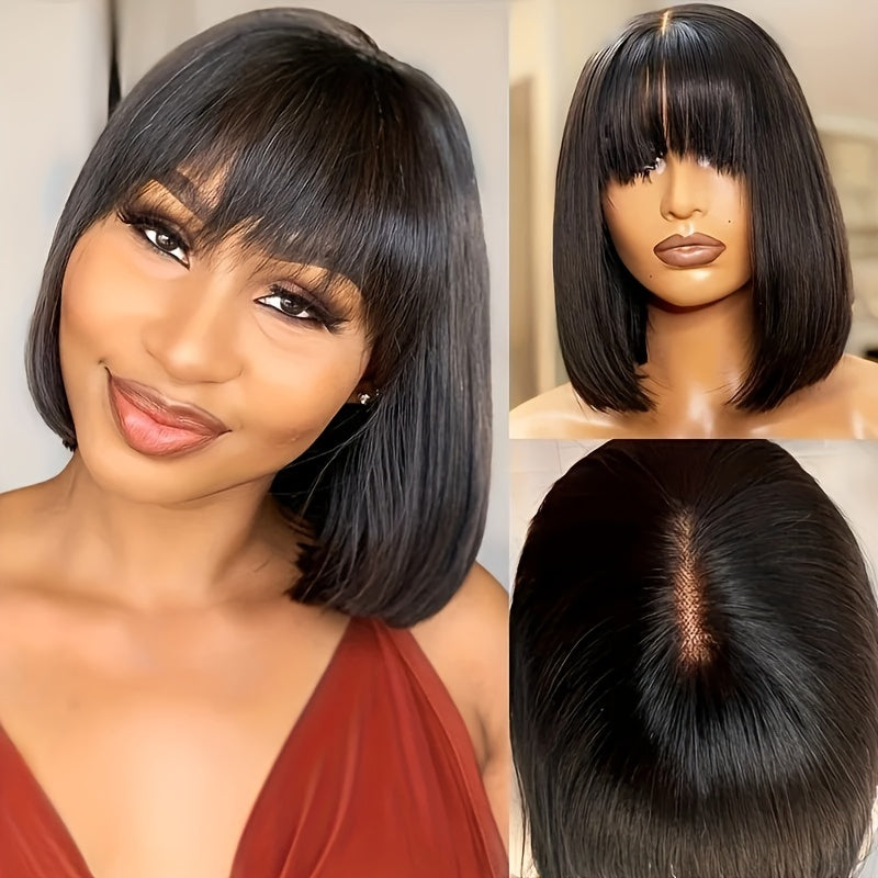 Brazilian Glueless Straight Human Hair Wigs With Bangs Lace Middle Part