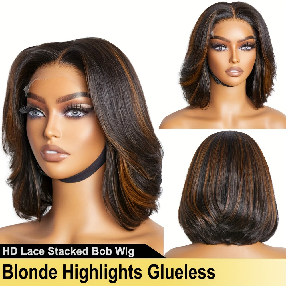 Blonde Highlight Human Hair Wig for Women, Glueless with Transparent Lace Closure, Pre-Plucked Natural Hairline, Adjustable Cap